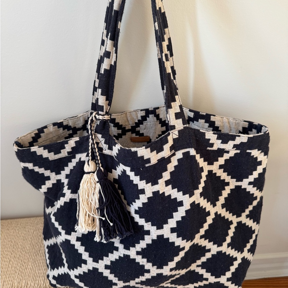 Madewell Navy and White Reversible Tote with Tassel